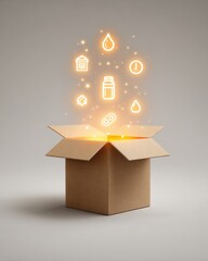 Glowing icons of home and wellness concepts emerging from cardboard box,World Humanitarian Day