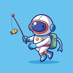 Cartoon Astronaut Fishing with a Rod and Catching a Fish in Space