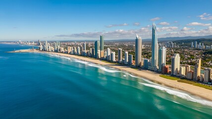 Aerial view of a coastline with tall buildings and a sandy beach on a sunny day with blue skies