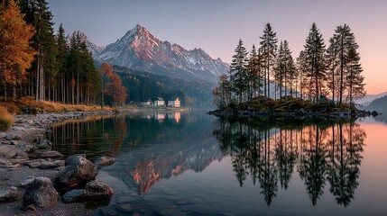 Serene mountain lake at dusk with reflections of autumn trees and a snowcapped peak