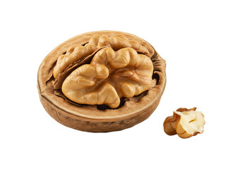Fototapeta premium Studio macro half walnut in shell with kernel on isolated background food photography
