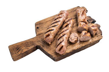 Grilled sliced sausages with beef and pork meat isolated on white background