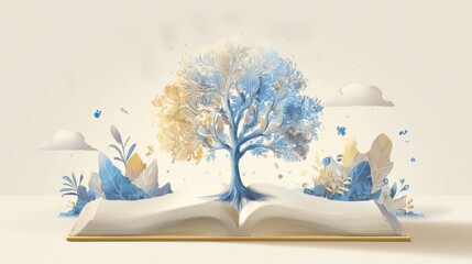 Enchanted tree emerging from open book with nature elements for creative inspiration and learning