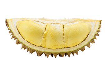 Durian fruit cut open displaying yellow creamy segments spiky shell texture on transparent background