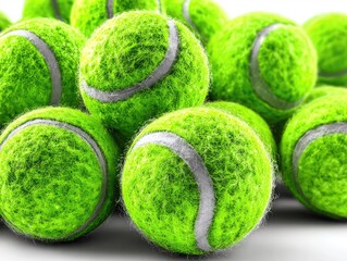 A pile of bright green tennis balls on white