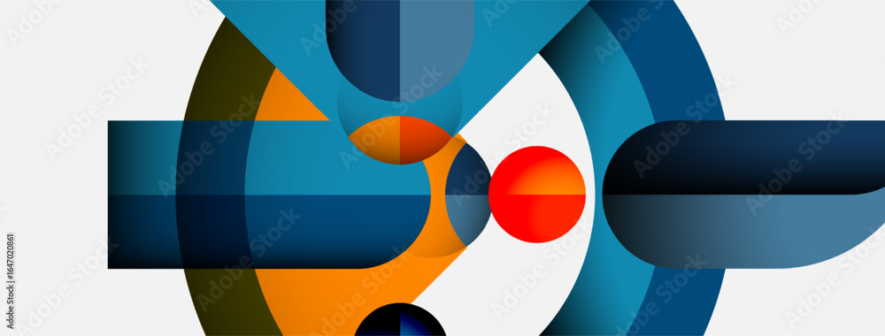 Poster abstract geometric composition. overlapping shapes create dynamic visual effect. blue, orange, red h