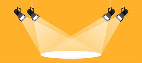  Stage Spotlights with Crossing Light Beams on Yellow Background – Vector Illustration