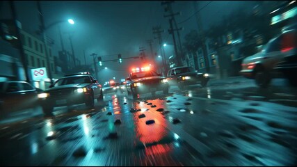 A cinematic medium-low tracking shot slightly above ground level, directly facing a line of police cars in high-speed pursuit through a dark, rain-soaked Gotham-like city at night. The camera moves 