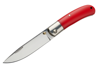 Folding pocket knife with red handle on transparent background