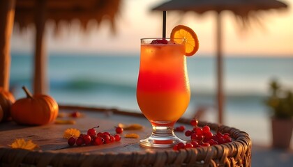 "Mixed Fruit Juice Drink in Beach Bar with Ocean View"