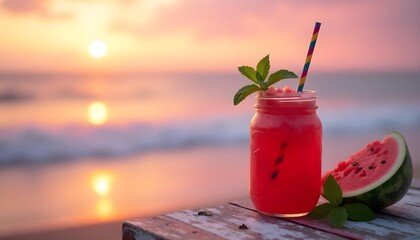 "Watermelon Juice Drink with Ocean Sunset View on Vacation"