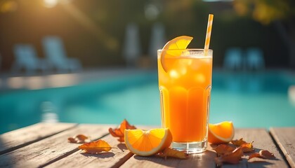 "Fresh Orange Juice Glass by the Pool on Summer Vacation"