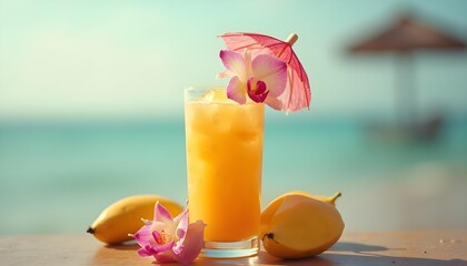 "Mango Smoothie Drink on Tropical Island Beach Vacation"