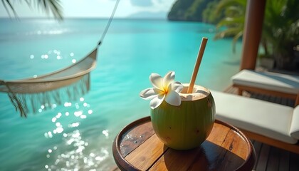 "Fresh Coconut Water Drink on Beach Hammock Vacation"