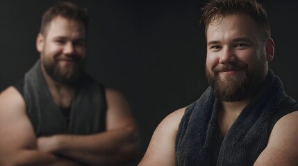 Confident man with gym towel smiles in studio lighting