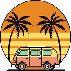 Vector art of vintage van with palm trees and sunset isolated on white background