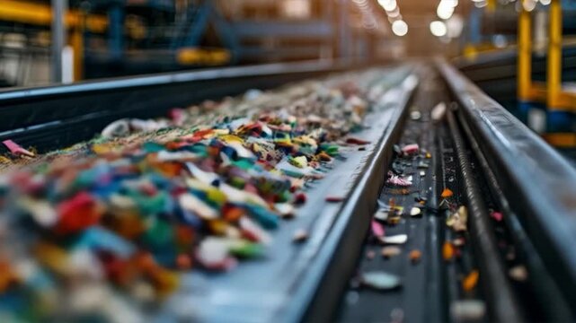 Conveyor belt with colorful plastic waste at a recycling plant, sharp focus on movement and variety of materials, relevant for environmental campaigns, presentations on recycling and production proces