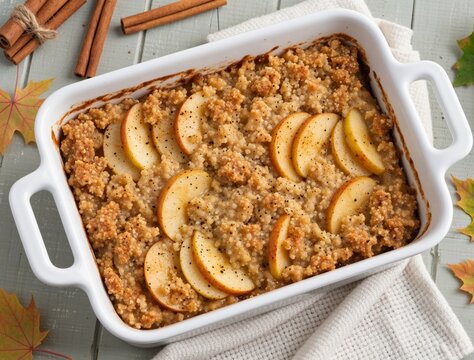 Delicious apple crumble with cinnamon sticks and autumn leaves decorating the table