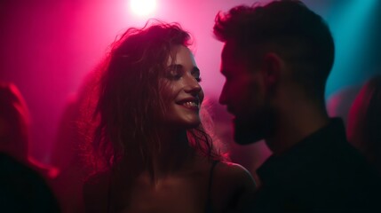 Friends dancing at a lively New Year party under vibrant colored lighting