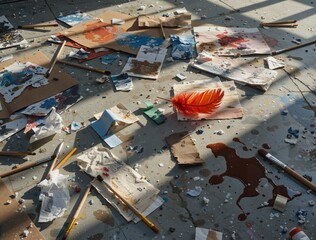 Messy art studio floor with scattered painting supplies