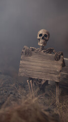 Obraz premium Creepy skeleton holds wooden Halloween sign in foggy setting