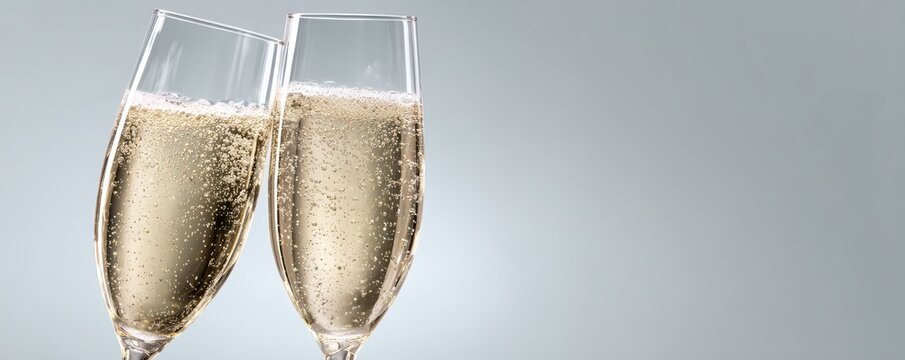 Two champagne flutes filled with sparkling wine toasting on a light gray background image