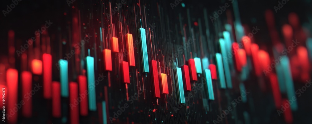 Poster dynamic visualization of glowing blue and red data bars in motion