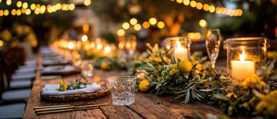 Elegant table setting with candles, greenery, and lemons for a special occasion dinner