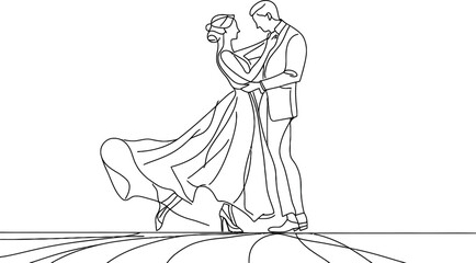A modern continuous line drawing depicts a dancing couple in a minimalist hand-drawn sketch of a man and girl dancing with beauty and romance