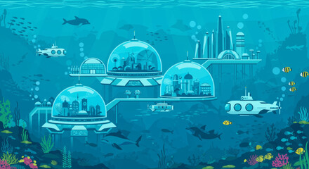 Futuristic Underwater City with Dolphins and Submarines