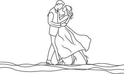 A continuous line drawing depicts a romantic tango dance performed by a couple consisting of a man and a woman