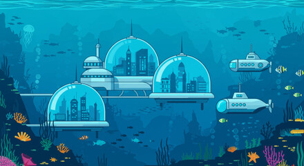 Futuristic Underwater City With Submarines and Marine Life