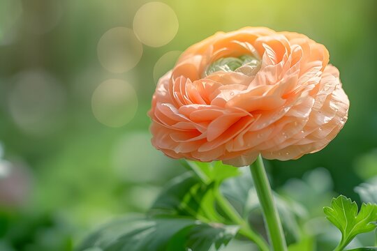 macro close-up of a blooming pale orange ranunculus flower, surrounded by fresh green leaves, with a softly blurred garden background