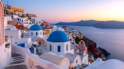 Aerial view of santorini greece with blue domed churches and white buildings at sunset over the aegean sea