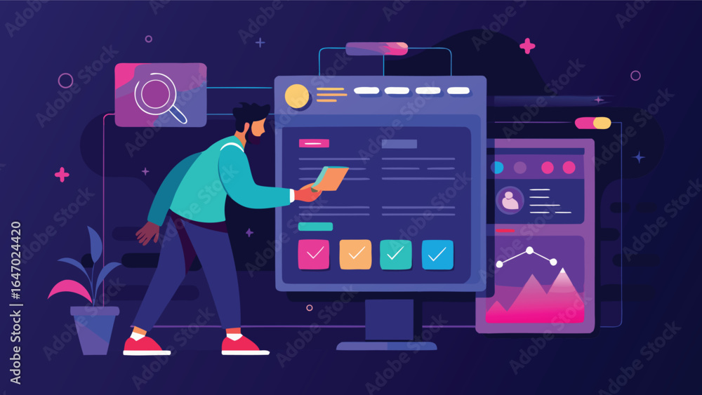 Wall mural man interacting with a large computer screen displaying data and checkmarks with an adjacent mobile 