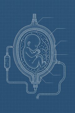 Artificial womb medical illustration in a blueprint style, depicting future biotechnology