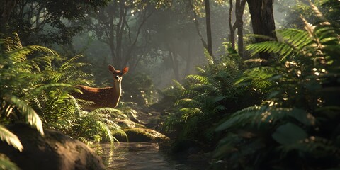 shy deer standing near a forest stream, surrounded by lush ferns and towering trees