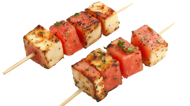 Sweet watermelon and savory cheese cubes grilled to perfection with a sprinkle of fresh herbs