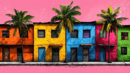Pixel Art Tropical Houses Row, Vibrant Colors Pink Background