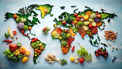 A world map made of fresh vegetables and fruits, representing healthy eating, organic agriculture, and global cuisine, a creative and colorful concept