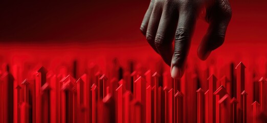 Hand reaching over rising business graph with bold red background theme