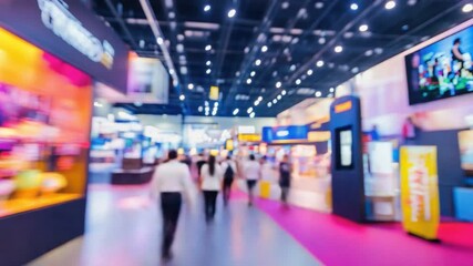 Vibrant trade show with attendees exploring various colorful booths and displays. - Powered by Adobe