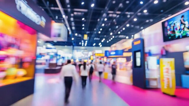 Vibrant trade show with attendees exploring various colorful booths and displays.