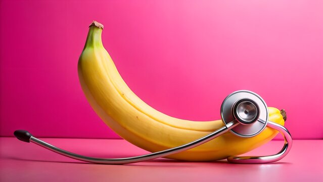A yellow banana with a stethoscope wrapped around it on a pink background, representing healthy eating and the importance of regular medical checkups - Powered by Adobe