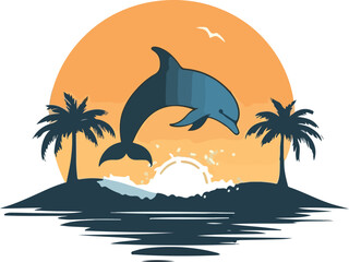 Dolphin jumping out of the water at sunset with palm trees