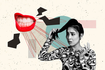 Template collage design 3D sketch of mind therapy overload burnout worry lips gossip talking...