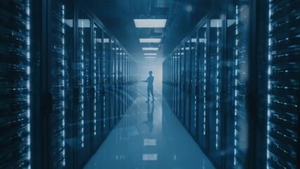 Woman walking through modern data center server room with futuristic technology vibe - Powered by Adobe