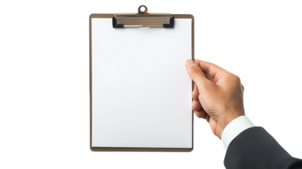 A suited individual holds a blank clipboard, ready to take notes in an office setting