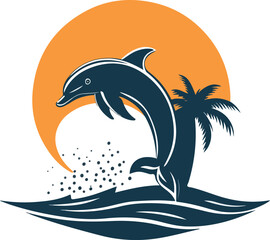 Dolphin jumping out of water with palm tree and sun