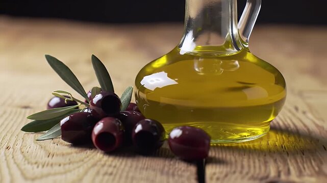 Olive Oil In Glass Bottle and Olives On A Rustic Wooden Background